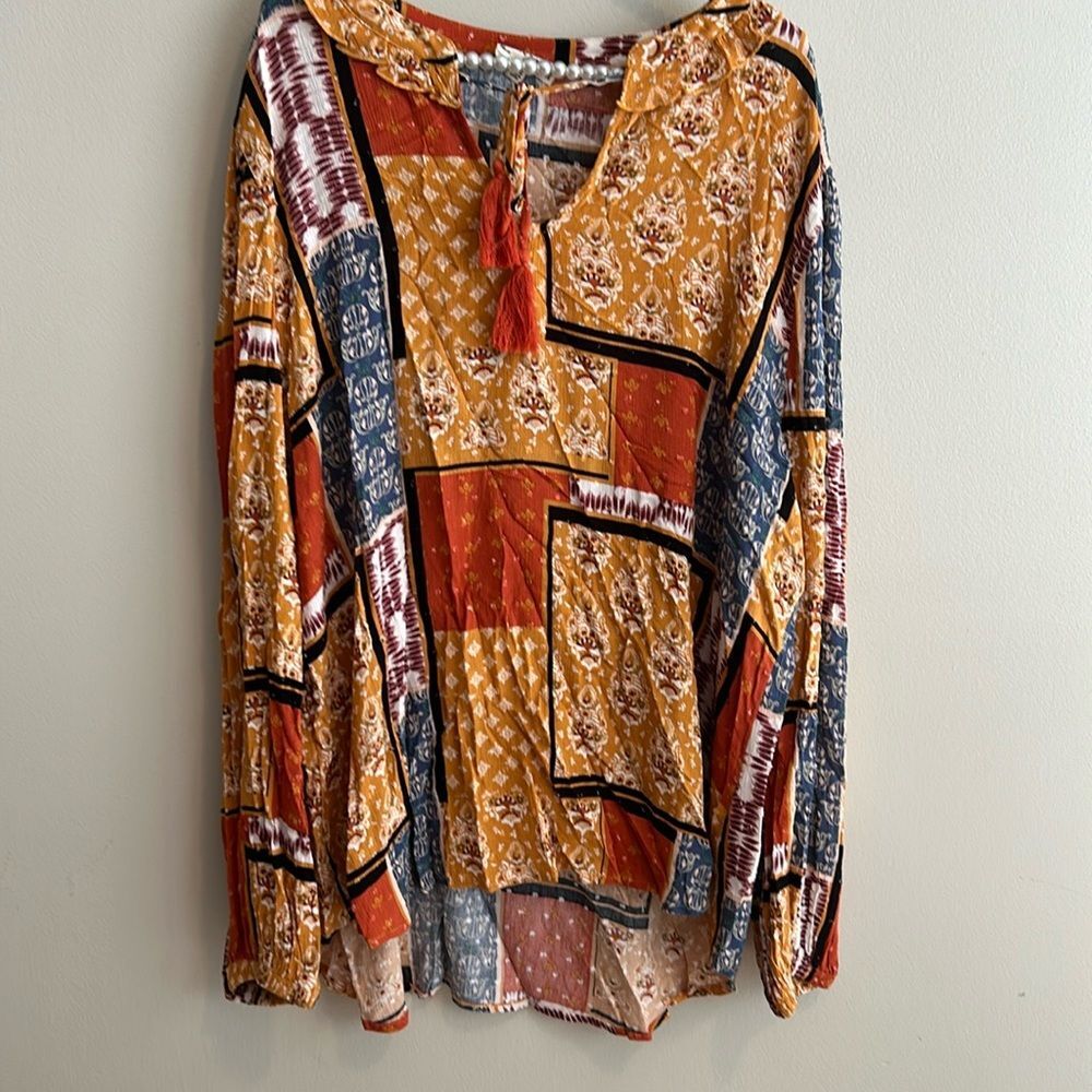 Cloth & Portrait Patchwork Peasant Blouse 2XL Boho Tassel Top Rayon 25" Bust